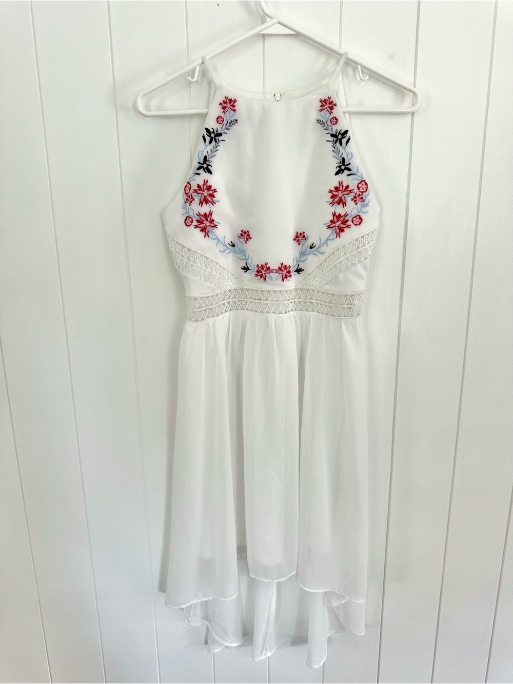 Ally B White Hi-Low Dress with Embroidered Floral Detail, Girls Size 14
